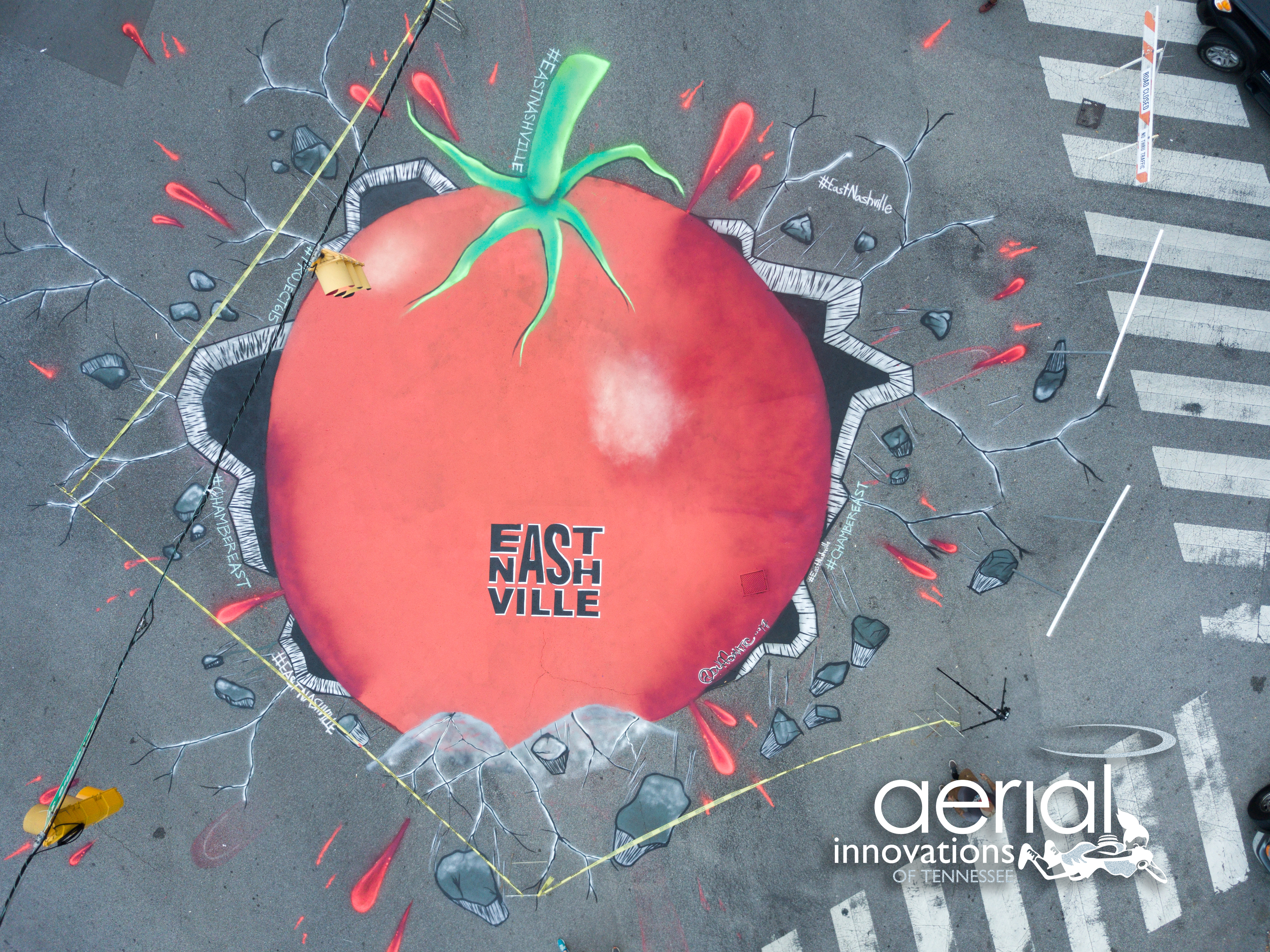 Drone photo of the Tomato Arts Fest street mural in East Nashville. Photo by Aerial Innovations of TN.