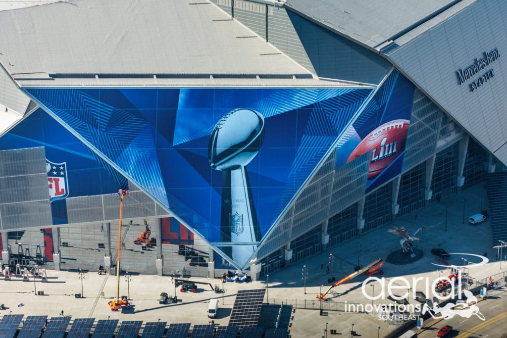 Aerial image of Mercedes-Benz Stadium during Super Bowl 53 - Aerial Innovations Southeast