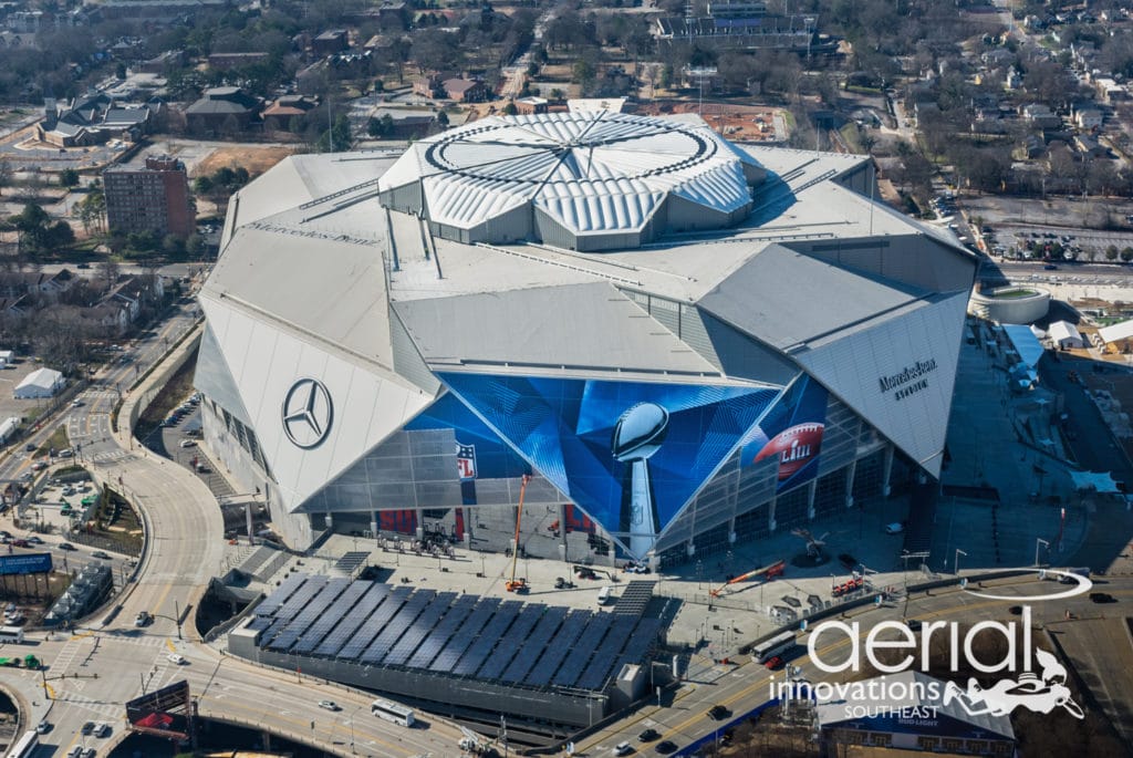 Aerial image of Mercedes-Benz Stadium during Super Bowl 53 - Aerial Innovations Southeast